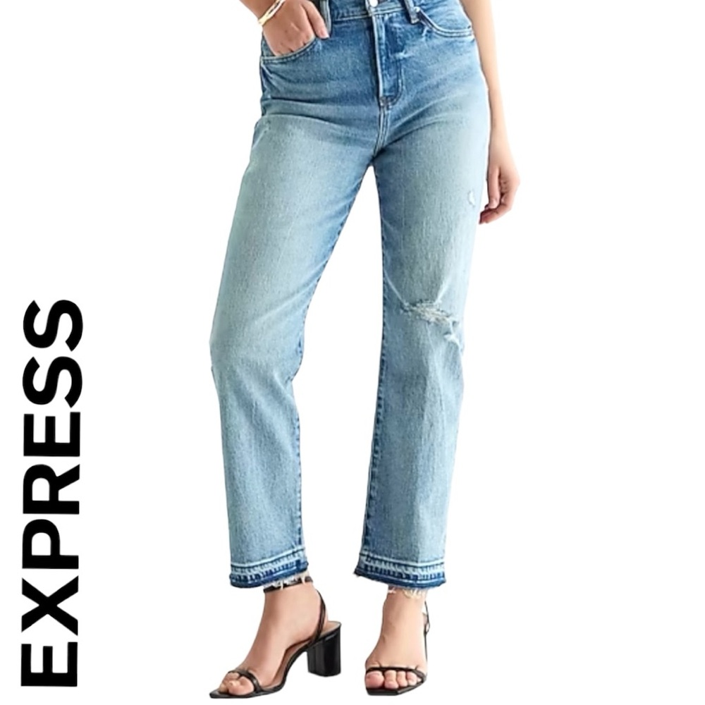 NWT EXPRESS High Waisted Medium Wash Drop Hem Straight Ankle Jeans, 4 short (4S)
